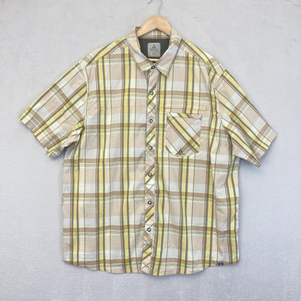 Ascend Snap Up Lightweight Shirt‎ Mens 2XL Plaid Yellow Brown Outdoor Pocket XXL
